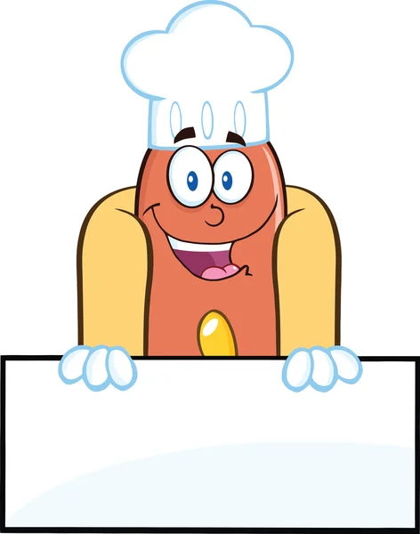 Glücklich Hot-Dog-Koch Cartoon-Figur über leeres Schild — Stockfoto