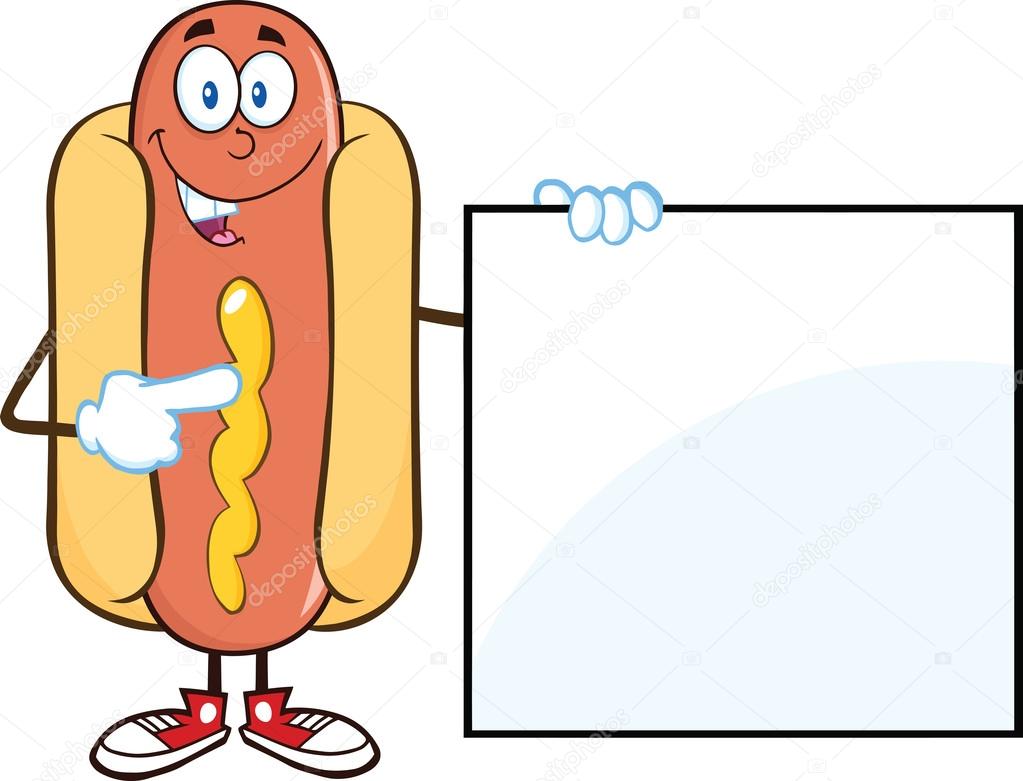 Happy Hot Dog Cartoon Mascot Character Standing With A Sign