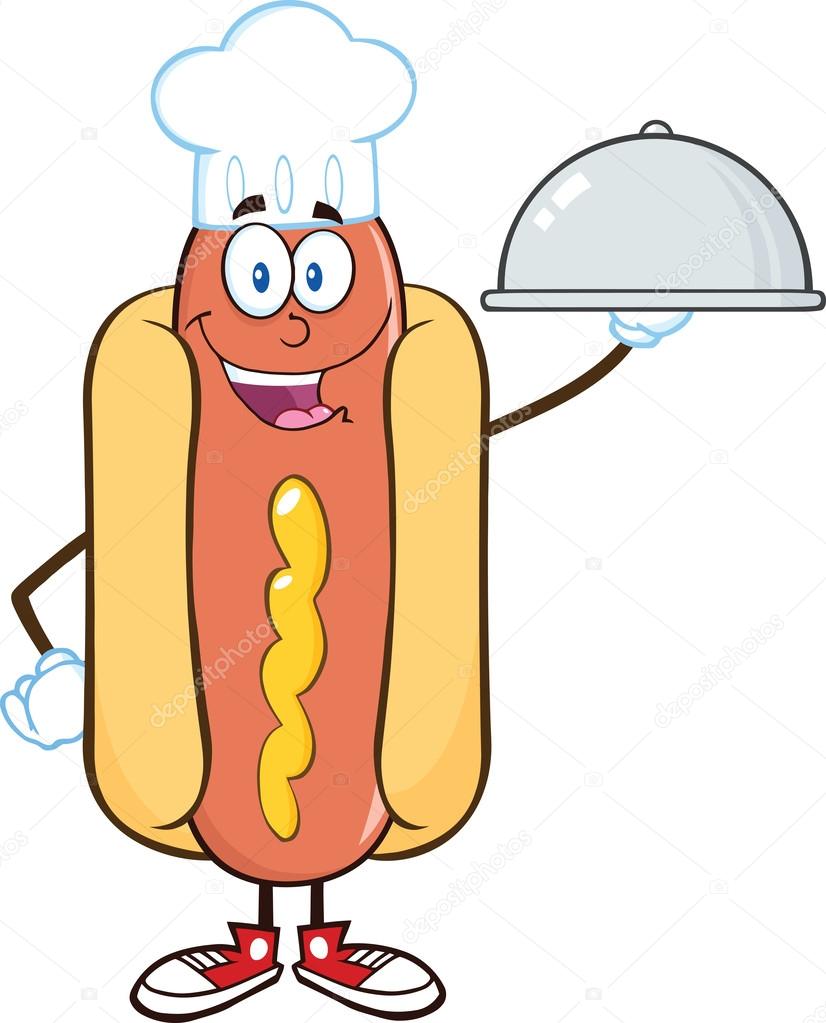 Happy Hot Dog Chef Cartoon Mascot Character With A Cloche Platter Stock