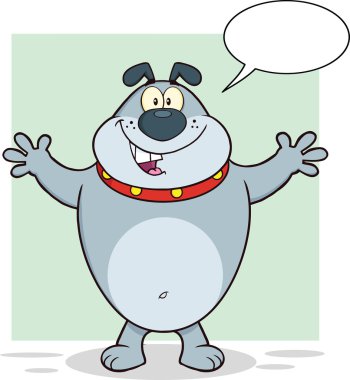 mutlu gri bulldog çizgi film karakteri açmak sarılma ve konuşma balonu için silah