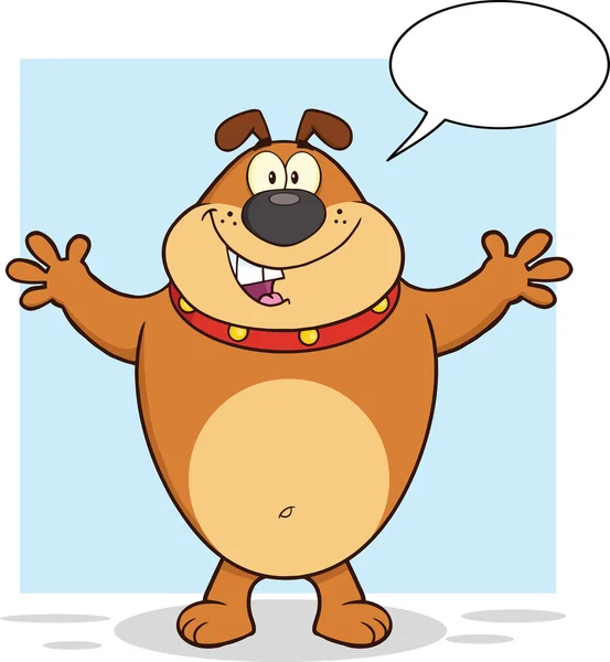 幸せな茶色のブルドッグの漫画のマスコット キャラクターのためのオープン腕ハグとスピーチの泡 — ストック写真