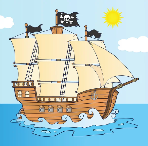 Piratenschip die onder jolly roger vlag varen — Stockfoto
