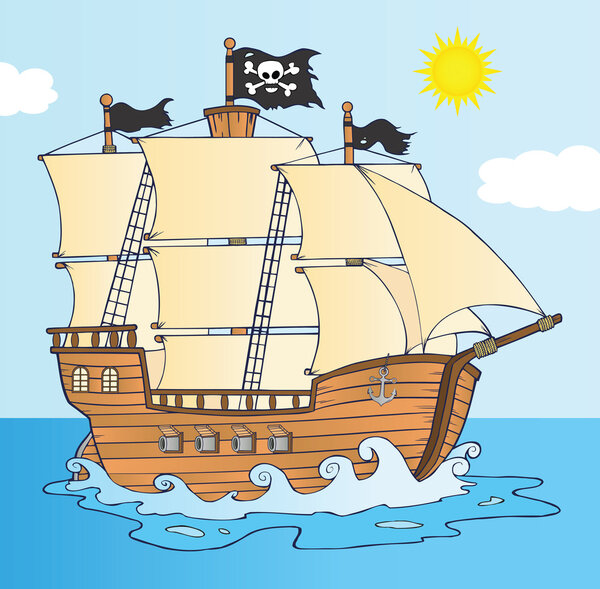 Пиратский корабль, плывущий под веселым Роджером Файнсом
