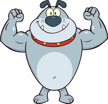 gülümseyen gri bulldog çizgi film maskot karakter kas kol gösterilen