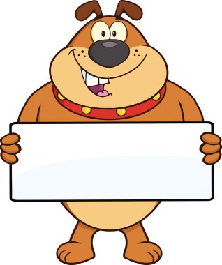 bir afiş tutarak kahverengi bulldog çizgi film maskot karakteri