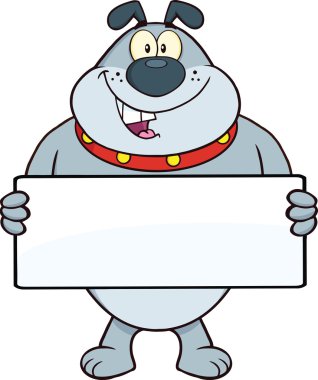 bir afiş tutarak gri bulldog çizgi film maskot karakteri