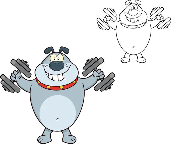 Lachende grijze bulldog cartoon karakter opleiding met halters — Stockfoto