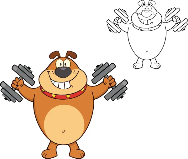 Smiling Brown Bulldog Cartoon Character Training With Dumbbells — стоковое фото