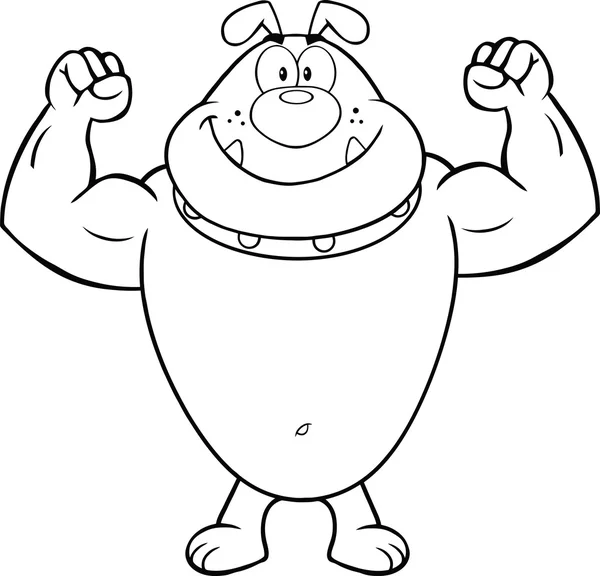 Carácter de la mascota de dibujos animados Bulldog sonriente blanco y negro mostrando brazos musculares — Foto de Stock