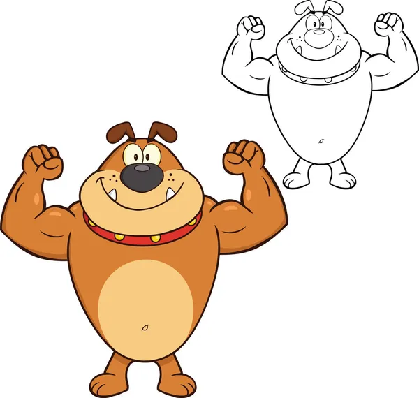 Carattere sorridente della mascotte del fumetto del bulldog che mostra le armi del muscolo — Foto Stock