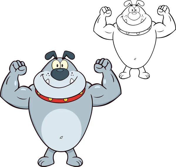 Smiling Gray Bulldog Cartoon Character Showing Muscle Arms — Stock Photo, Image