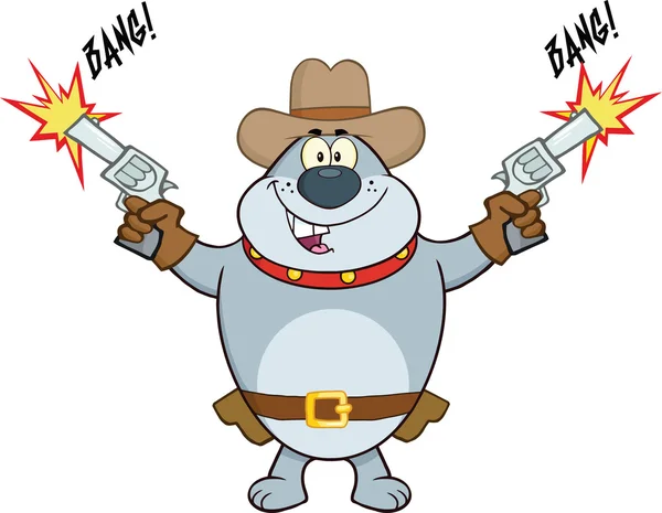 Gray Bulldog Cowboy Character Shooting With Two Guns — Stock Photo, Image