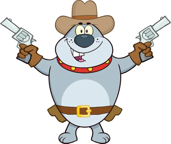 Gray Bulldog Cowboy Character Holding Up Two Revolvers — Stock Photo, Image