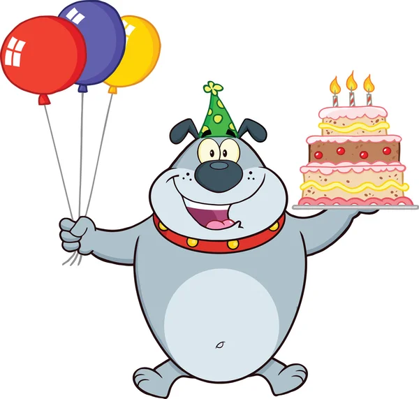 Birthday Gray Bulldog Cartoon Character Holding Up A Birthday Cake With Candles