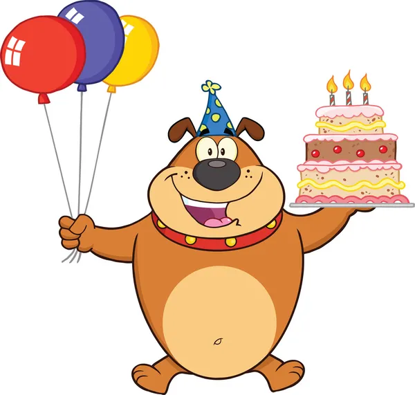 Birthday Brown Bulldog Cartoon Character Holding Up A Birthday Cake With Candles