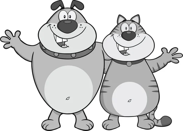 Personagens de cão e gato abraçando na cor cinza — Fotografia de Stock