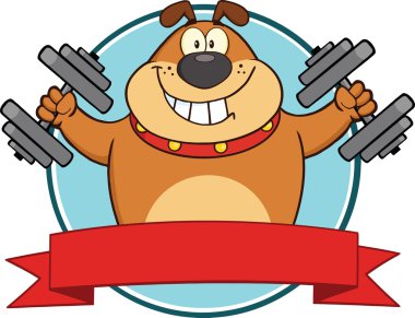 kahverengi bulldog dumbell çizgi film maskot etiketi