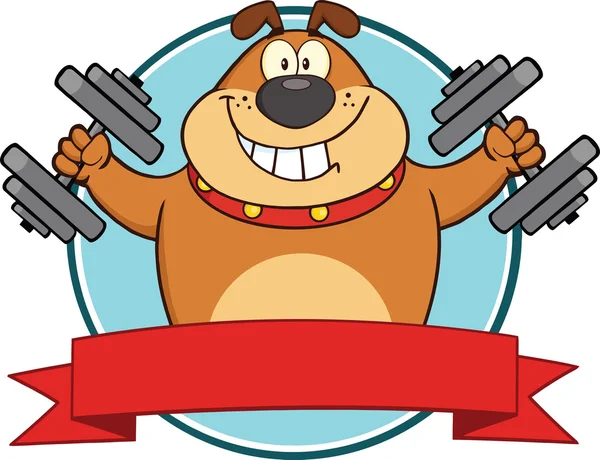 Brown Bulldog With Dumbbells Cartoon Mascot Label — Stock Photo, Image