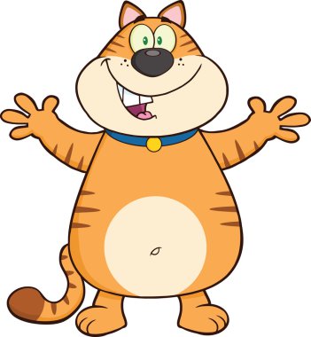 mutlu kedi çizgi film maskot karakteri ile sarılma için kollarını aç