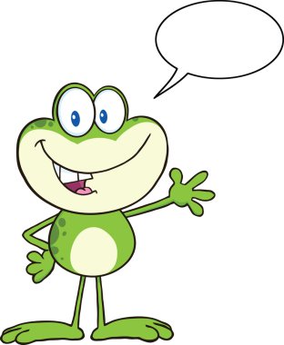 sevimli kurbağa çizgi film maskot karakteri için konuşma balonu ile tebrik sallayarak