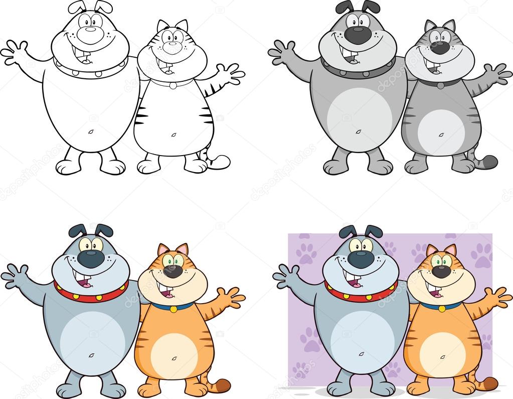 Chien Et Chat De Dessin Animé Personnages étreignant