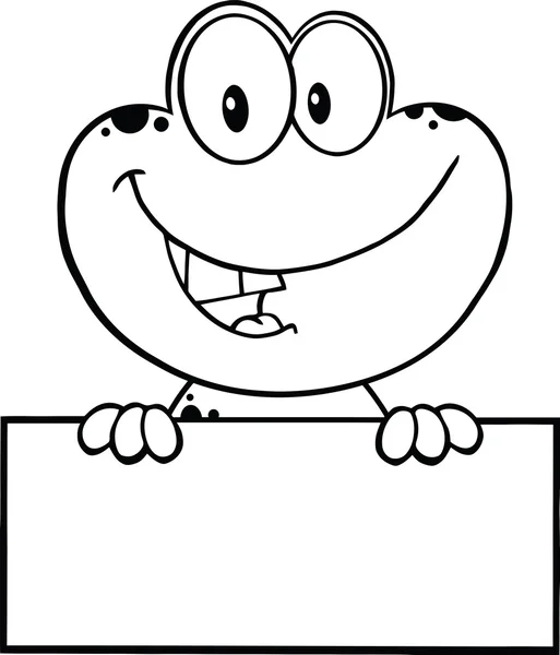 Personagem de mascote de desenhos animados preto e branco sapo bonito sobre sinal em branco — Fotografia de Stock