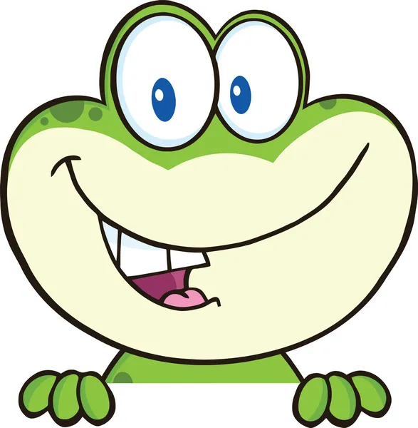 Lindo personaje de mascota de dibujos animados rana verde sobre el signo en blanco — Foto de Stock