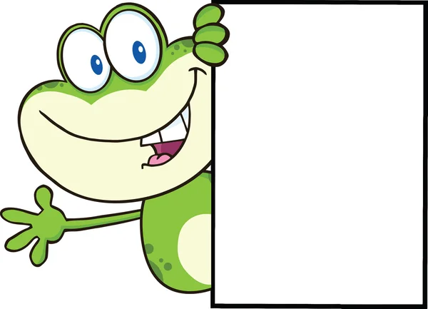 かわいいカエルの漫画のマスコット キャラクターは空白記号を探してと手を振っています。 — ストック写真