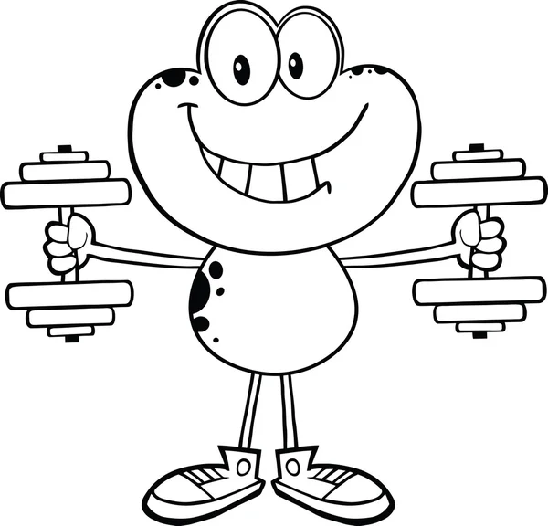 Black and White Smiling Frog Cartoon Character Training With Dumbbells — стоковое фото