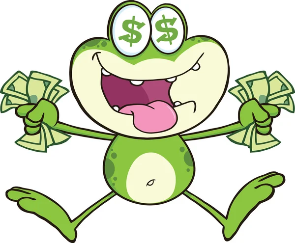 Caráter de sapo verde louco saltando com dinheiro — Fotografia de Stock