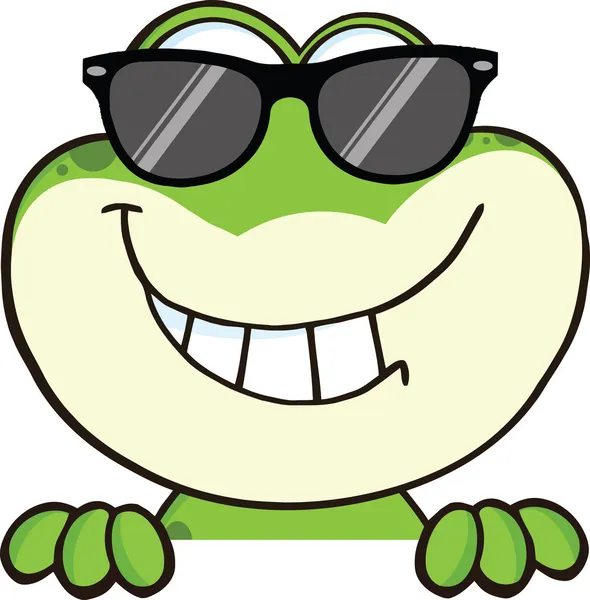 Мила жаба з сонцезахисними окулярами мультяшний символ над порожнім знаком — стокове фото