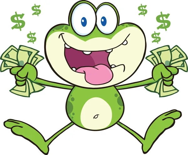 Gek groene kikker stripfiguur springen met contant geld — Stockfoto