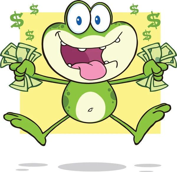 Verrückte grüne Frosch-Cartoon-Figur springt mit Bargeld — Stockfoto