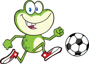 Futbol topu ile oynarken sevimli yeşil kurbağa çizgi film karakteri