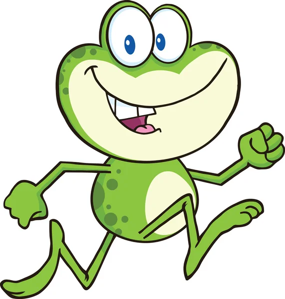 可爱的绿色青蛙卡通人物运行 — 图库照片