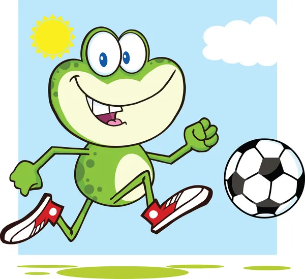 Lindo personaje de mascota de dibujos animados rana verde jugando con pelota de fútbol — Foto de Stock
