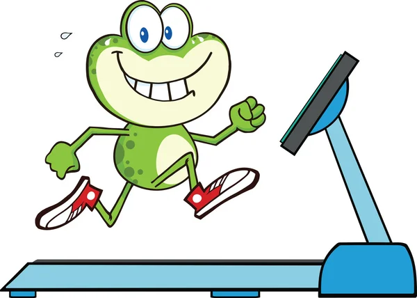 健康绿色的青蛙，跑步机上跑步 — 图库照片