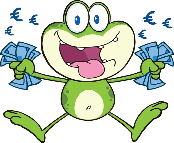 Crazy Green Frog Cartoon Mascot Character Jumping With Euro — Stock Image Crazy Green Frog Cartoon Mascot Character Jumping With Euro Stock Picture