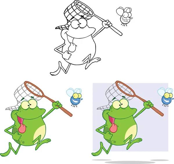 Verrückter Frosch jagt einer Fliege Cartoon-Zeichensammlung hinterher — Stockfoto