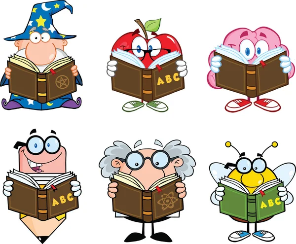 Different Mascots Reading A Book Characters  Set Collection — Stock Photo, Image