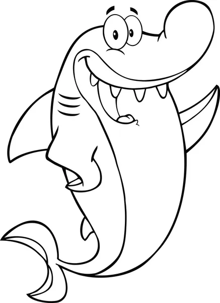 Black and White Happy Shark Cartoon Character Waving — стоковое фото