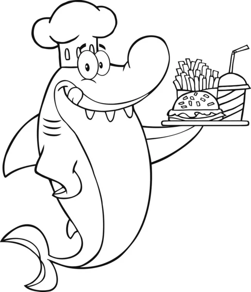 Preto e branco Chef Shark segurando uma placa de hambúrguer e batatas fritas — Fotografia de Stock