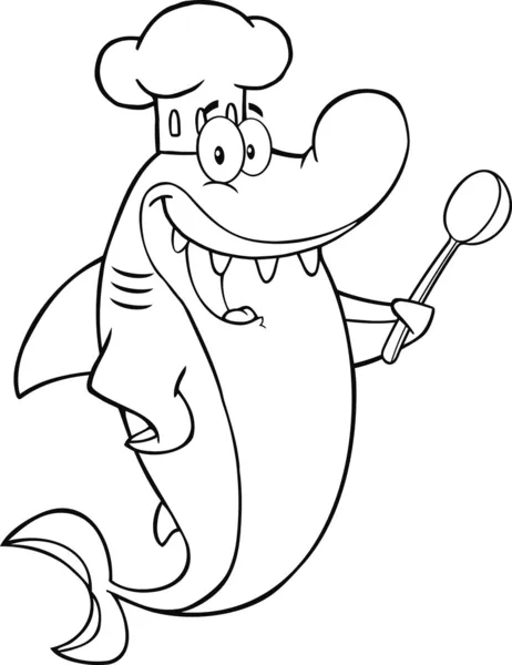 Caractère de dessin animé de requin de chef noir et blanc avec la grande cuillère — Photo