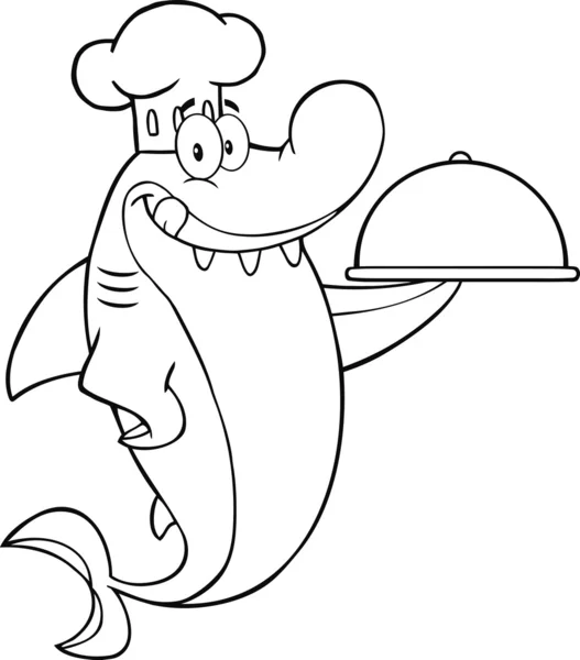 Μαύρο και άσπρο σεφ καρχαρία χαρακτήρα κινουμένων σχεδίων κρατώντας μια πιατέλα — Φωτογραφία Αρχείου