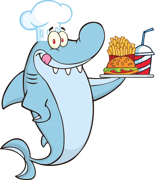 Chef Shark personaje de dibujos animados sosteniendo una placa de hamburguesa y papas fritas — Foto de Stock