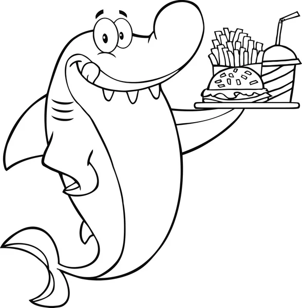 Black And White Shark Cartoon Character Holding A Plate Of Hamburger And French Fries — Stok Foto