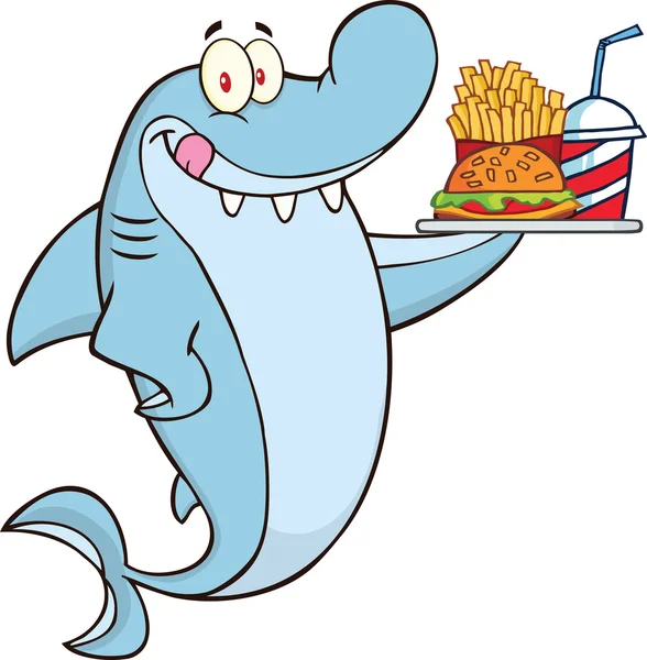 Žralok kreslená postava drží talíř hamburger a hranolky — Stock fotografie