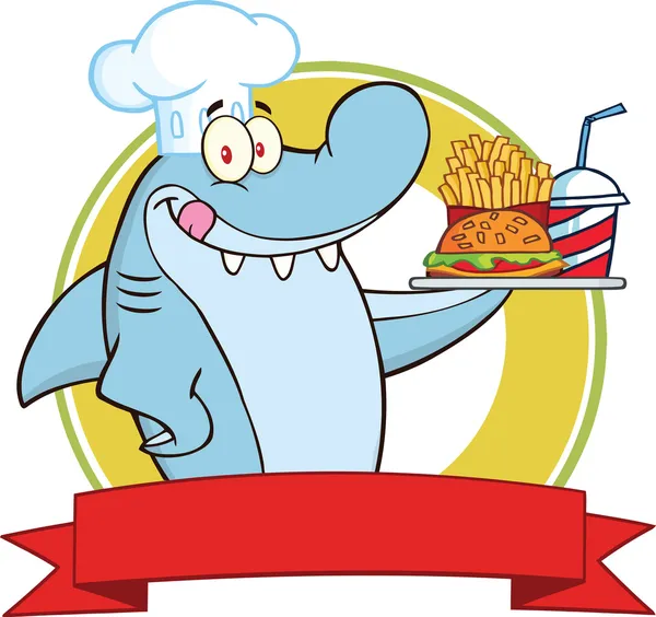 Šéfkuchař žralok s deskou hamburger, hranolky a sodu popisku — Stock fotografie