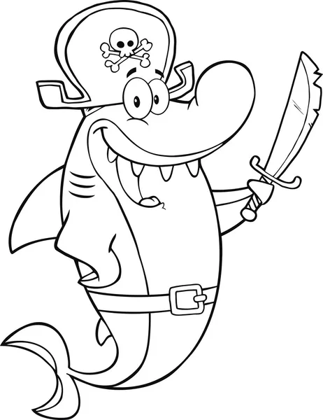 Bir kılıç tutan siyah beyaz korsan köpekbalığı çizgi film karakteri — Stok fotoğraf