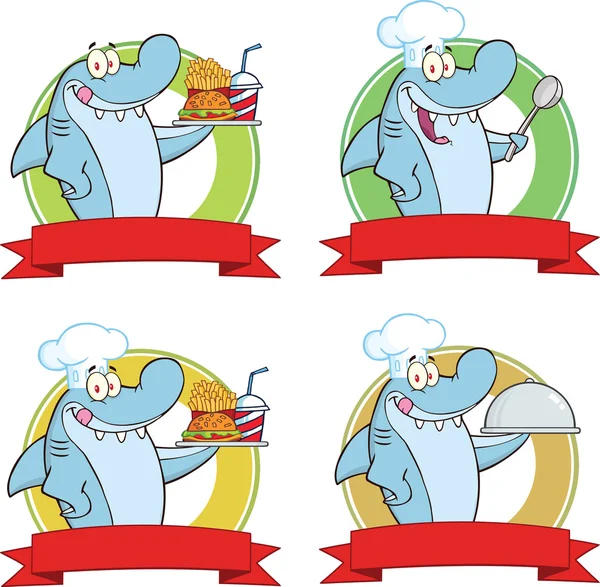 Chef Shark Cartoon Labels. Coleção de conjuntos — Fotografia de Stock
